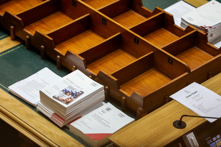 Copies of the Budget 2019 documents on the table in the middle of the debating chamber. 