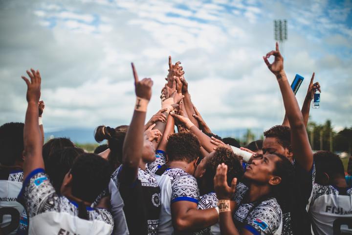 The Fijiana celebrate qualifying for their first ever Rugby World Cup.