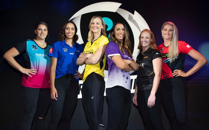 Te Huinga Reo Selby-Rickit, Phoenix Karaka, Katrina Rore, Grace Kara, Samantha Winders and Jane Watson, during the ANZ Premiership netball launch.