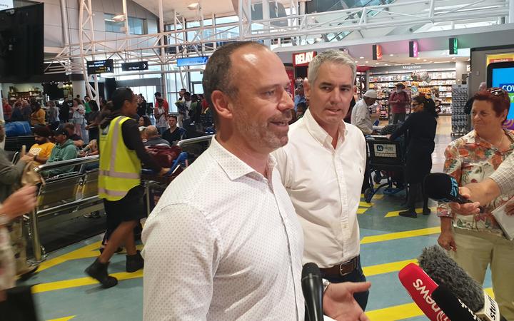 Justin Tighe-Umbers, the Board of Airline Representatives of New Zealand executive director and Adrian Littlewood, who is Auckland Airport CEO