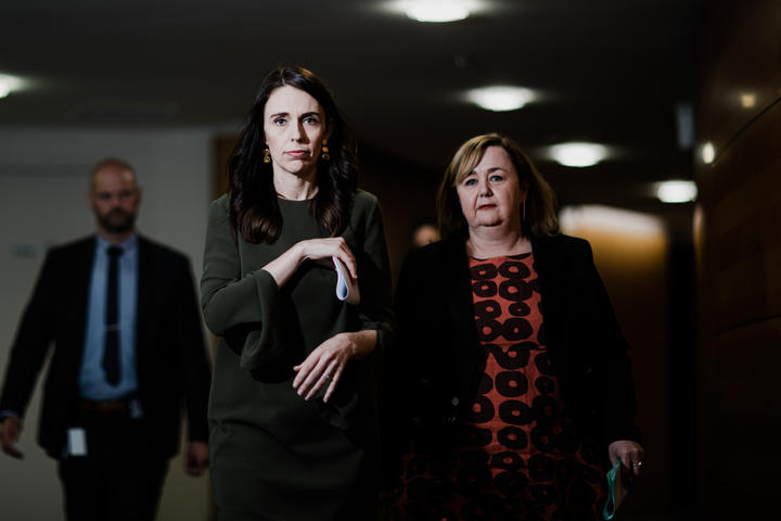 Prime Minister Jacinda Ardern and Housing Minister Megan Woods arrive at a post-Cabinet media briefing.  22/06/20