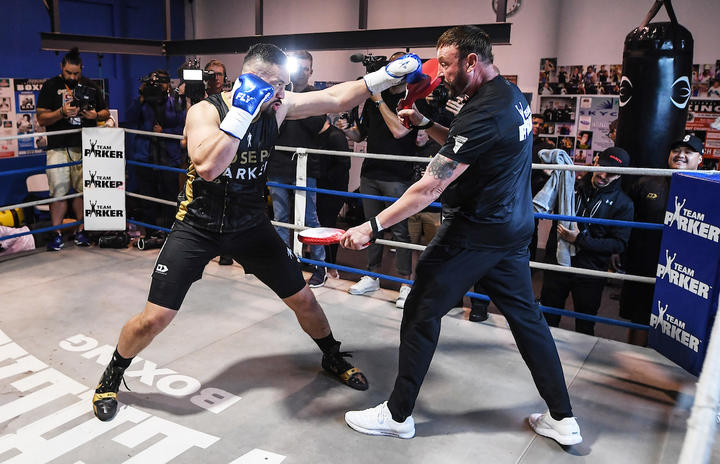 Heavyweight boxer Joseph Parker and his trainer Kevin Barry during a training and media session in Auckland ahead of his fight against Junior Fa on December 12. Thursday 5 November 2020 Andrew Cornaga / www.Photosport.nz