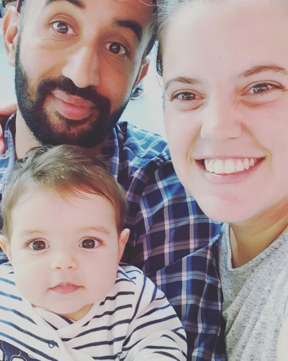 Belen Macchiavello and Hardeep Singh with their baby daughter Amy.