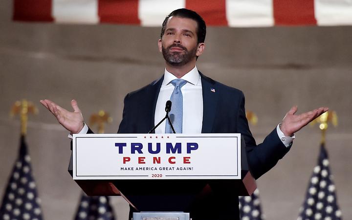 (FILES) In this file photo taken on August 24, 2020 Donald Trump Jr. speaks during the first day of the Republican convention at the Mellon auditorium in Washington, DC. 