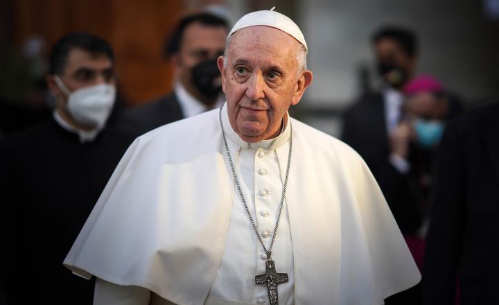 Pope Francis leaves the Syriac Catholic Cathedral of Our Lady of Salvation (Sayidat al-Najat) in Baghdad at the start of the first ever papal visit to Iraq on March 5, 2021.