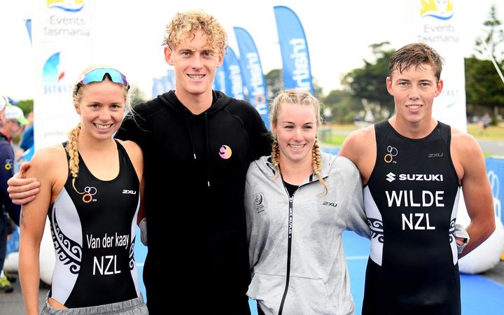 Nicole Van der Kaay, Tayler Reid, Ainsley Thorpe and Hayden Wilde of New Zealand.
2019 OTU Oceania Mixed Relay Championship. 