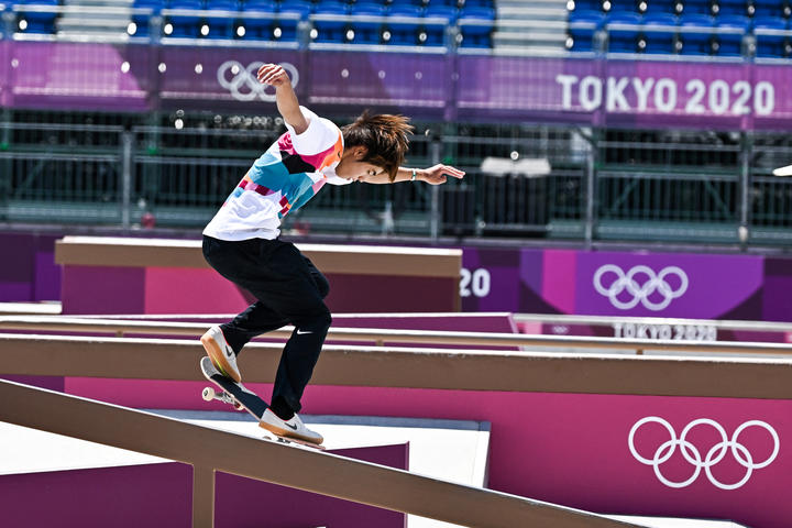 Japan's Yuto Horigome competes in the men's street final during the Tokyo 2020 Olympic Games at Ariake Sports Park Skateboarding in Tokyo on July 25, 2021. 