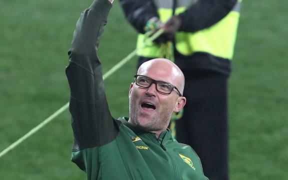 Jacques Nienaber, coach of South Africa celebrates victory after the Third Test against Lions 2021.