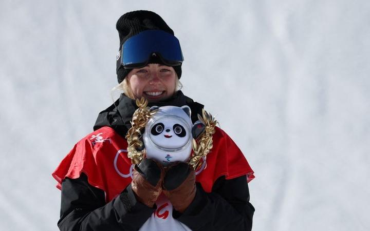 Zoi SADOWSKI SYNNOTT of New Zealand reacts during Women's Snowboard Slopestyle final run at Genting Snow Park H & S Stadium in Zhangjiakou, China on February 6, 2022.  