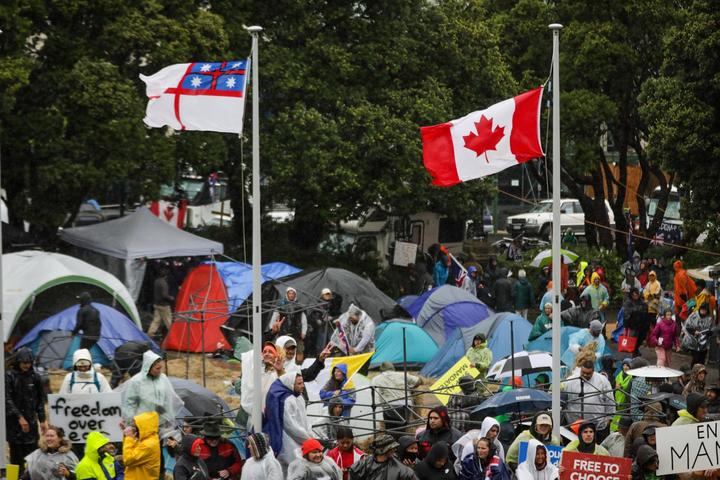 Protesters outside Parliament on 13 February, 2022.