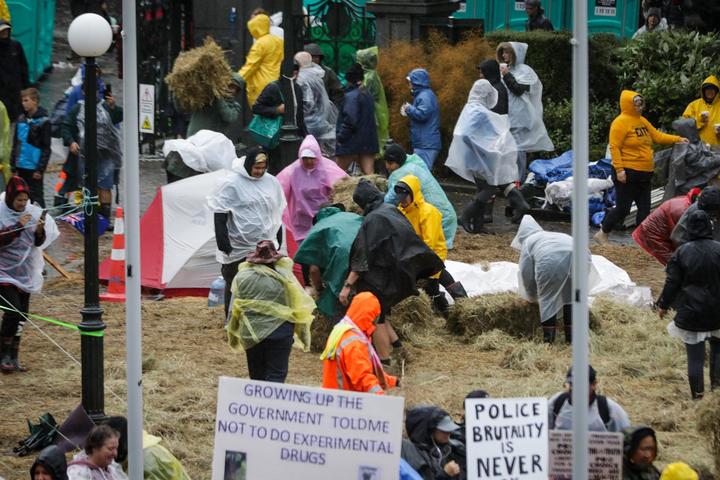 Protesters outside Parliament on 13 February, 2022.