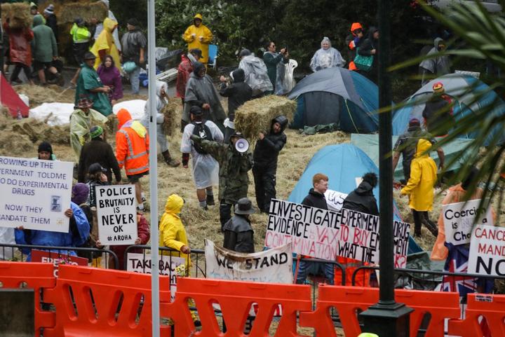 Protesters outside Parliament on 13 February, 2022.