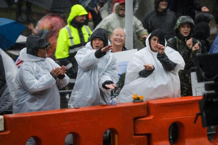 Protesters outside Parliament dance to the ''Babyshark' song on 13 February, 2022.