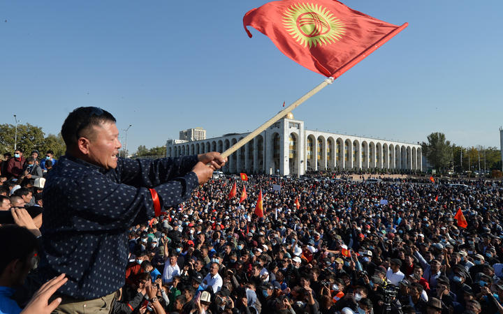 People protest against the results of a parliamentary vote in Bishkek, Kyrgyzstan