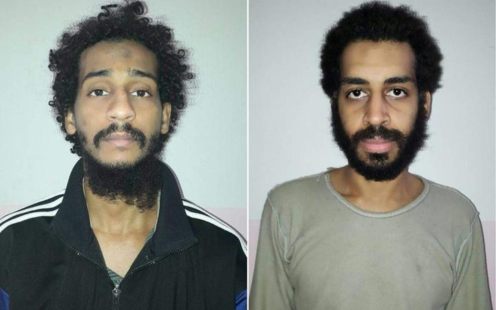 This file photo combination of pictures created from two handout images provided by the Syrian Democratic Forces (SDF) on February 10, 2018 shows captured British Islamic State (IS) fighters El Shafee el-Sheikh, left, and Alexanda Kotey in an undisclosed location. 