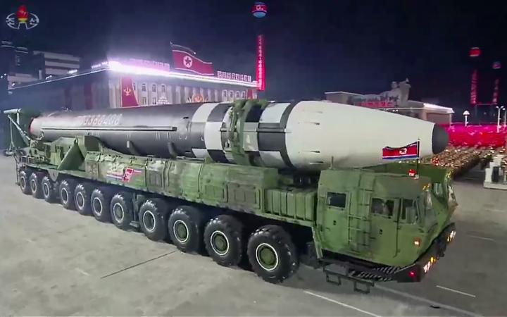 A screen grab taken from a KCNA broadcast on October 10, 2020 shows what appears to be a new North Korean intercontinental ballistic missile during a military parade marking the 75th anniversary of the founding of the Workers' Party of Korea, in Pyongyang.