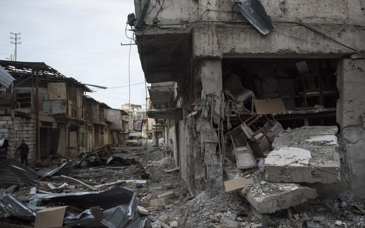 A house and a row of barns destroyed by a recent shelling in Stepanakert, a self-proclaimed Republic of the Nagorno-Karabakh. 