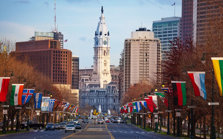 Scenic view of the Benjamin Franklin Parkway leading to the Philadelphia City Hall, USA