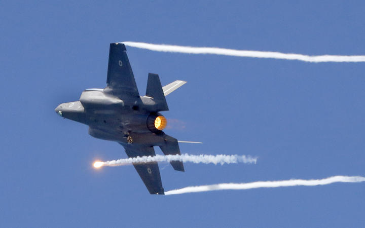 An Israeli F-35 fighter jets performs during an air show, over Tel Aviv, on May 9, 2019.