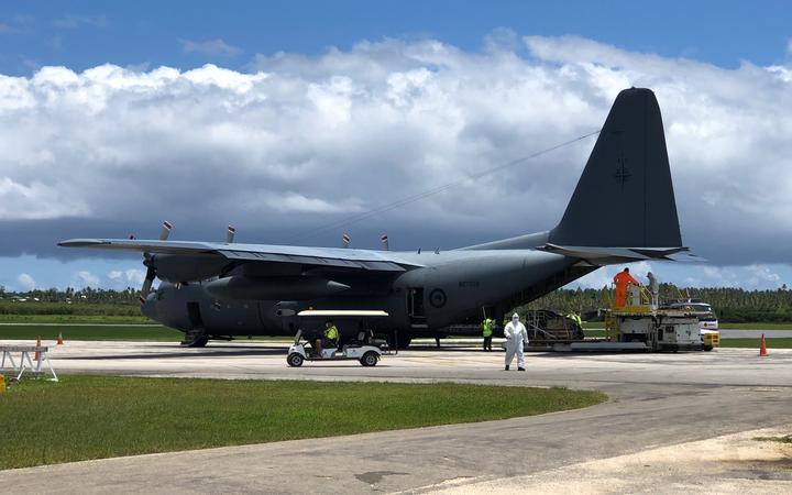 A C-130 Hercules has delivered Unimog parts and PPE gear to Tonga 