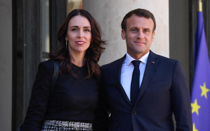 President of the French Republic, Emmanuel Macron (R) welcomes Prime Minister of New Zealand Jacinda Ardern (L) at Elysee Palace in Paris, France on May 15, 2019. 