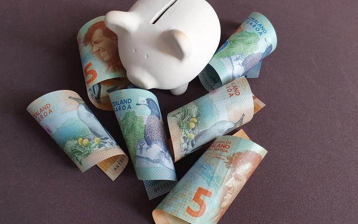 white piggy bank and New Zealand banknotes of different denominations