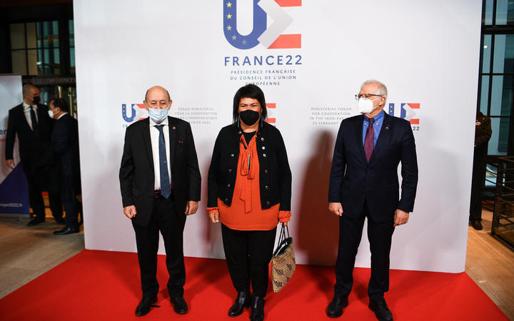 French Foreign Minister Jean-Yves Le Drian (left) and High Representative of the EU for Foreign Affairs and Security Policy Josep Borrell (right) welcome NZ's Minister of Foreign Affairs Nanaia Mahuta during the Indo-Pacific Ministerial Cooperation Forum in Paris, on February 22, 2022. 