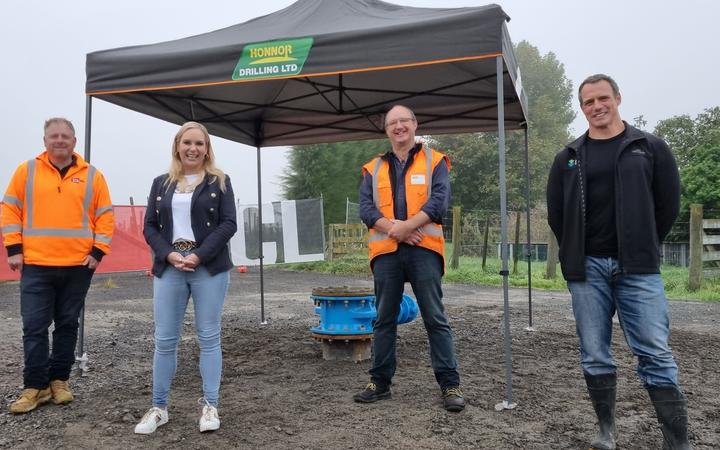 From left: 

Michael Job from SCL Civil Works, Napier Mayor Kirsten Wise, AJ Macdonald from Honnor Drilling, Napier City Council water strategy planning lead Lance Groves.  
