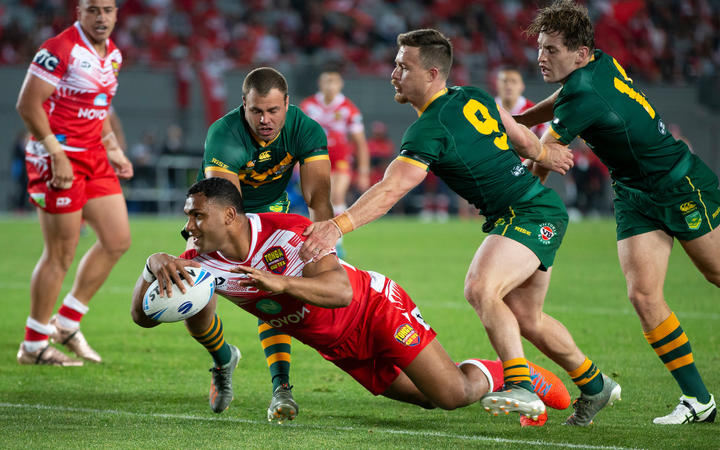 Tevita Pangai scores a try during the rugby league match between the Australian Kangaroos and Tonga Invitational XIII.