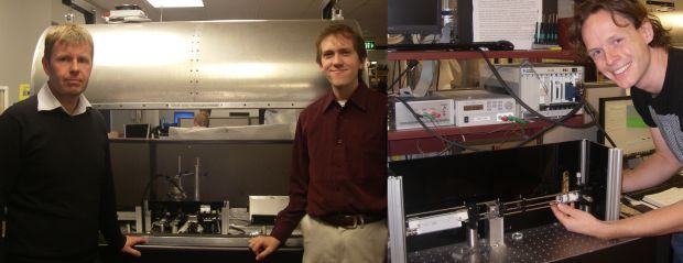 Andrew Taberner and Bryan Ruddy next to the cardiac myometer, and PhD student Callum Johnston