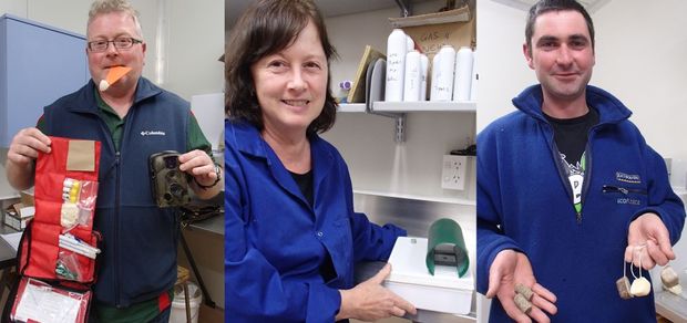 James Ross with a DNA-testing kit, Elaine Murphy with a Spitfire trap, and Tim Sjoberg with different kinds of stoat lure