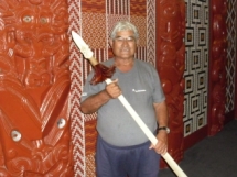 Timoti Flavell with taiaha Te Amorangi Pipitea Marae Wellington.