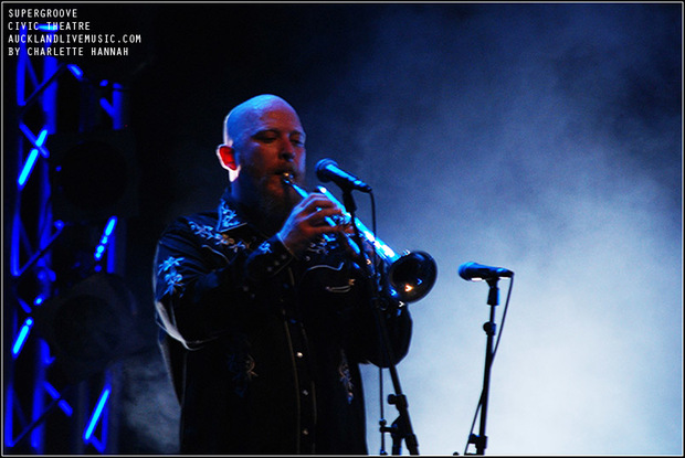 Tim Stewart on stage at the Supergroove Crosstown Revue used with permission