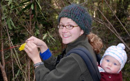 Masters student Lisa Hegg studying mohua, or yellowheads