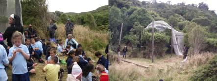 Te One school pupils at the release, and the empty aviary after the birds have flown