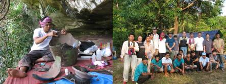 Tep Sokha reparing a broken jar, and expedition team in January 2010