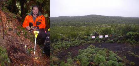 Department of Conservation ranger Pat Liddy next to a taiko burrow, and view of the Tuku valley