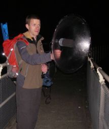 Andrew Digby using a parabola microphone to record kiwi calls