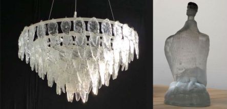 Bird feather glass chandelier and Predator glass bottle